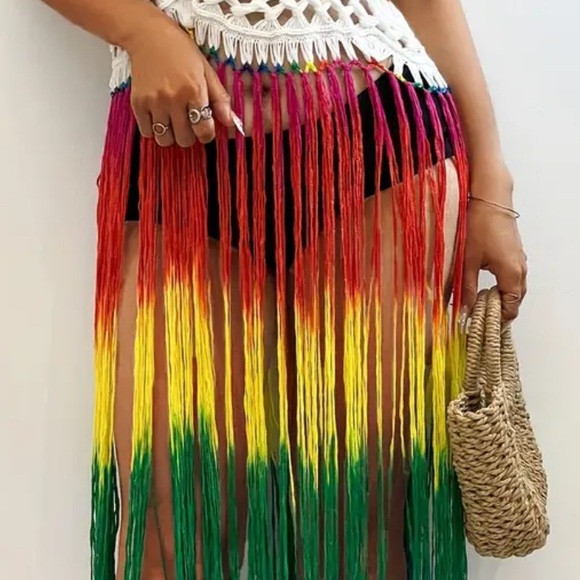 White Rainbow-Color Boho Tassel Beach Cover-Up Dress - Picture 8 of 11